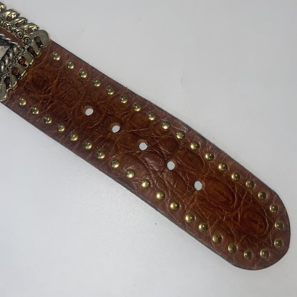 NANNI Italy Brown Leather Silver Gold Stud Belt Croc Boho Stud Size 85/34 - Picture 6 of 9